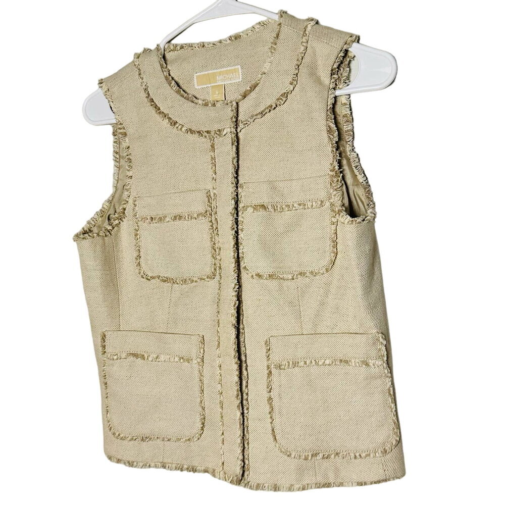 Michael Michael Kors Tan Cream Tweed Button Front Pockets Vest Size 6
